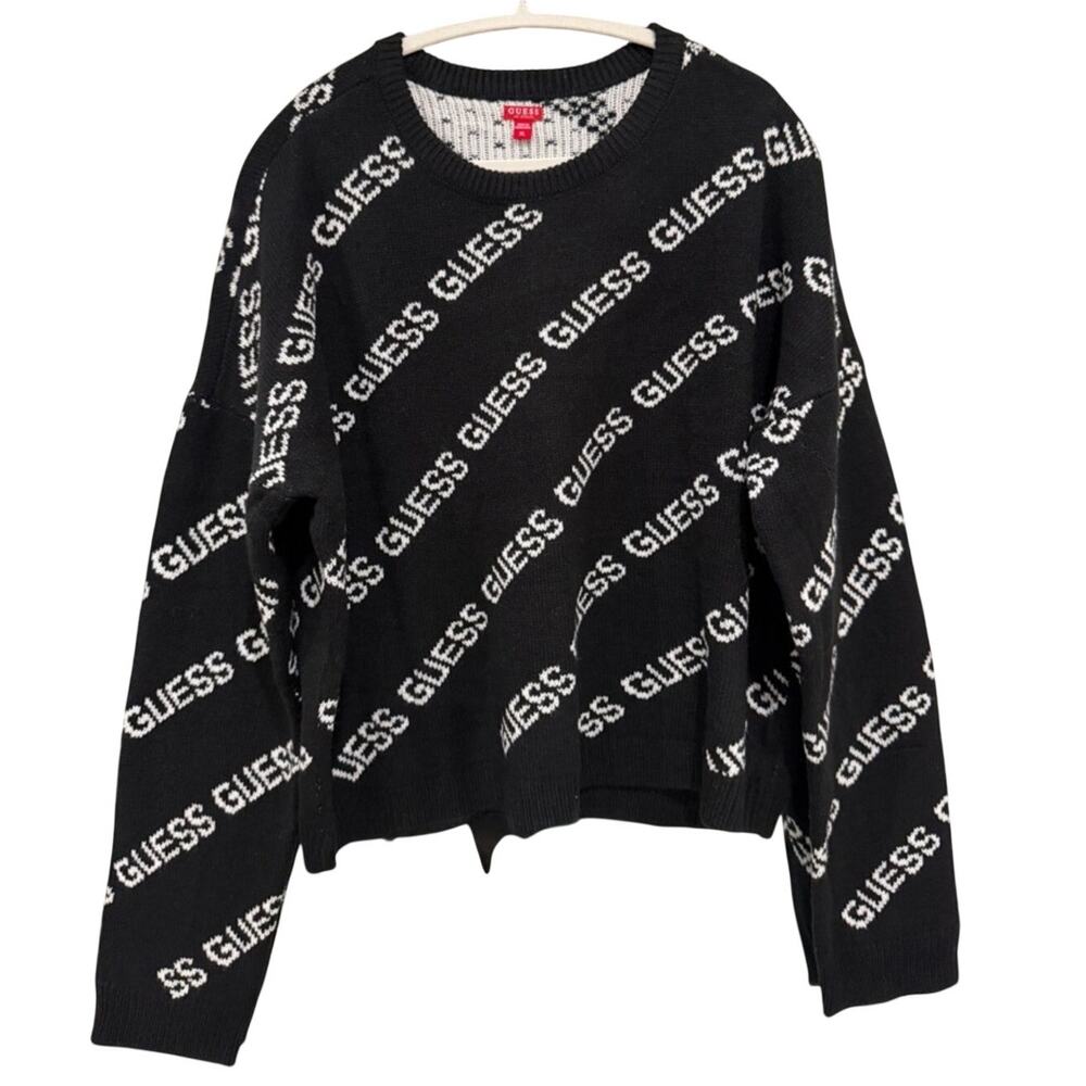 Guess Black White Diagonal Logo Knit Womens Sweater XL